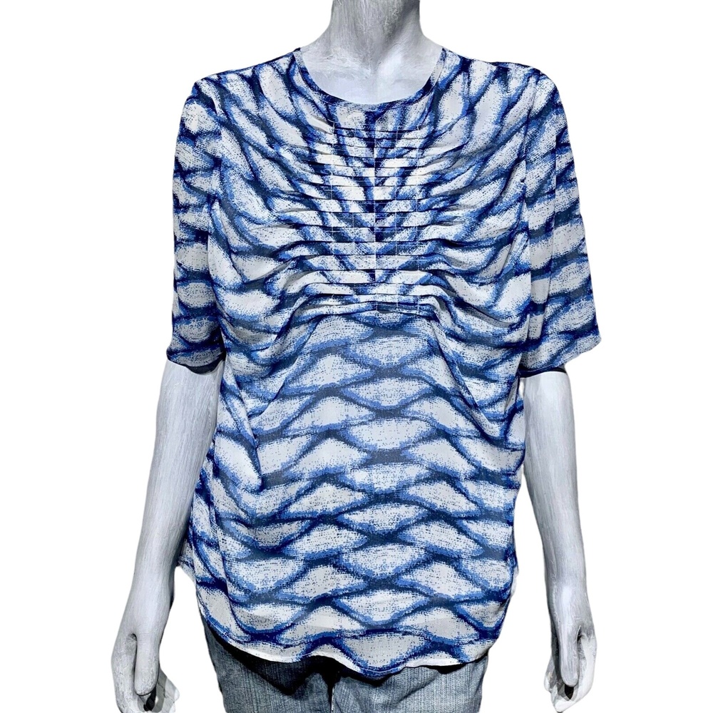 Carmakoma Womens Top Blue White Print Crew Neck Short Sleeve Ruched 12